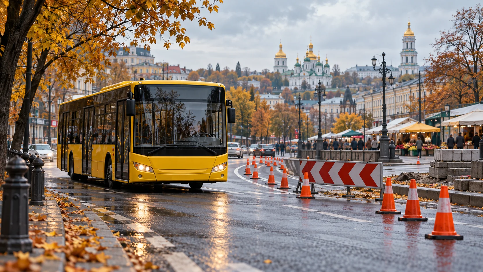 Міський автобус біля тимчасового об’їзду — ілюстрація ШІ